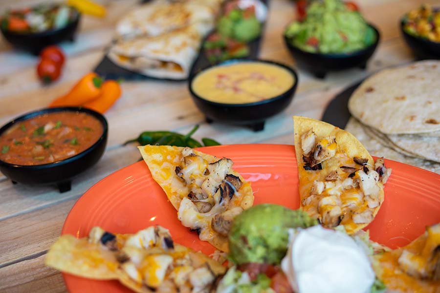 Chicken Alfredo's Mexican Cafe's nachos with salsa cheese guacamole and tortillas